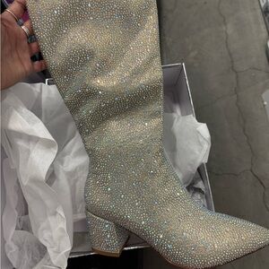 Wet Kiss Iridescent Crystal Knee High Boots